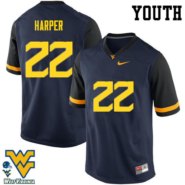 Youth #22 Jarrod Harper West Virginia Mountaineers College Football Jerseys-Navy